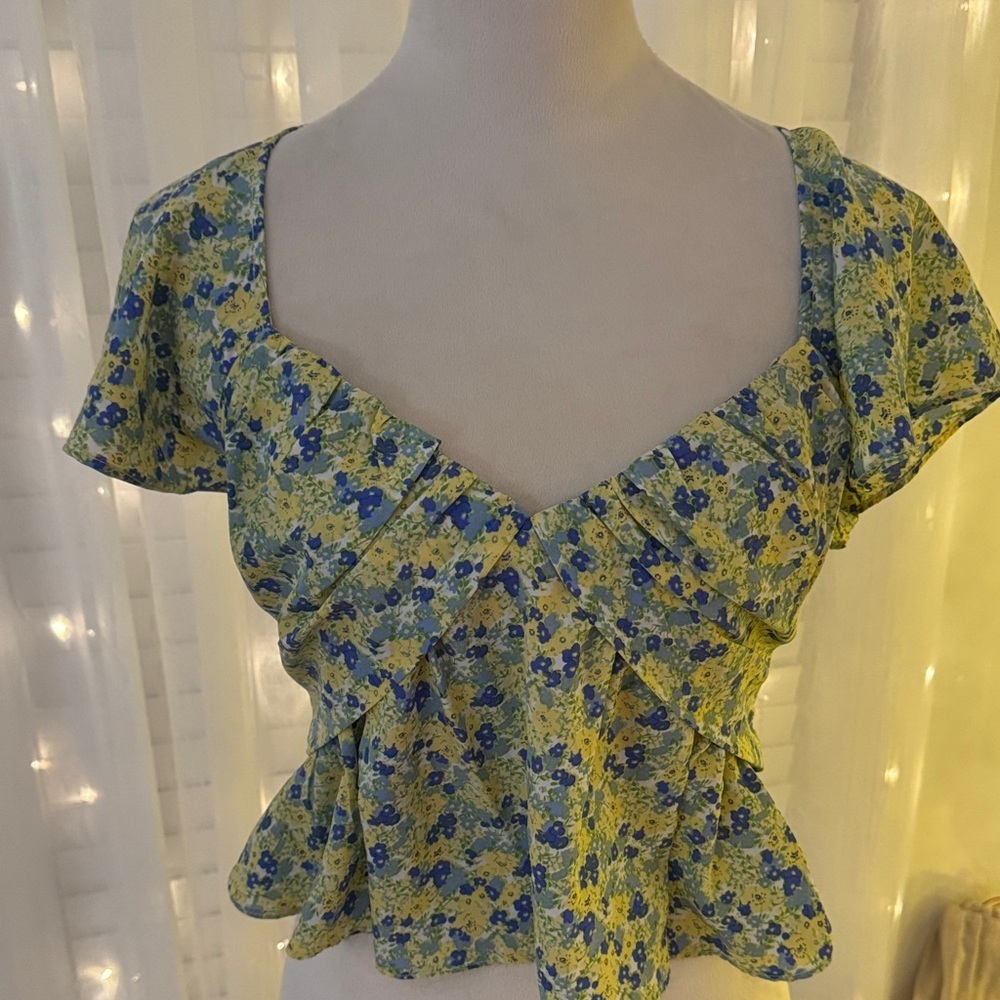 Astr Floral Ruffle Blouse - Blue and Yellow
